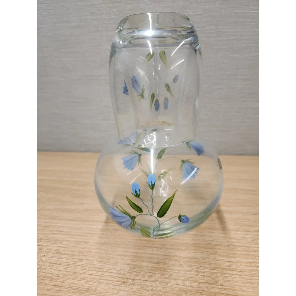 Hand Painted Blue Floral Clear Glass Tumble Up Bedside Water Carafe Made Hungary